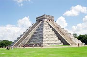 Chichen Itza, A sculpture of the Chac-Mool inside the Outer Room of the Inner Temple of Pyramid of Kuklcan. Mexico.