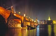 Special lighting at Charles Bridge during Orange Day, Praha. Czech Republic.