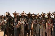 Men from nomadic Wodaab tribe (also called Bororo) are performing their beauty dance called Yaake at their Gerewol festival. Niger.